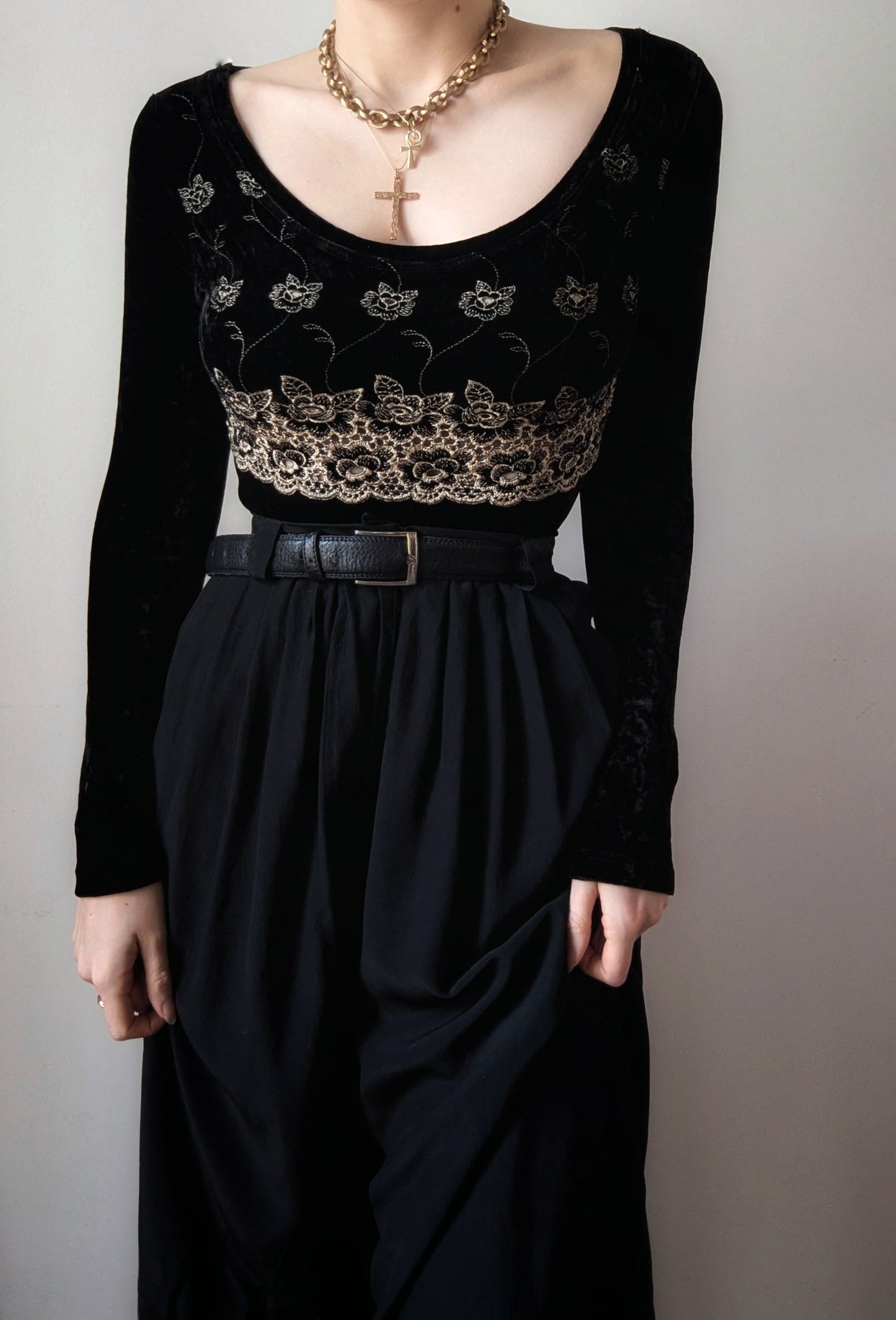 Etincelle Couture 1990 vintage black velvet embroidered bodysuit