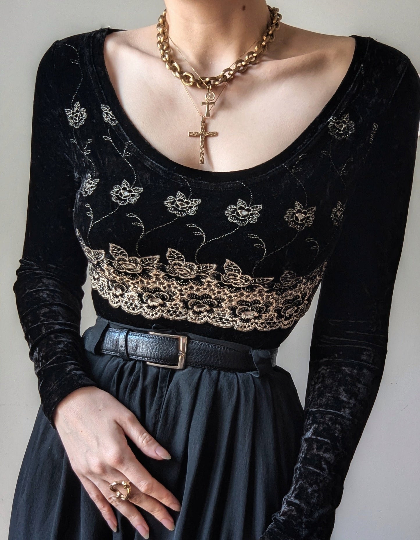 Etincelle Couture 1990 vintage black velvet embroidered bodysuit