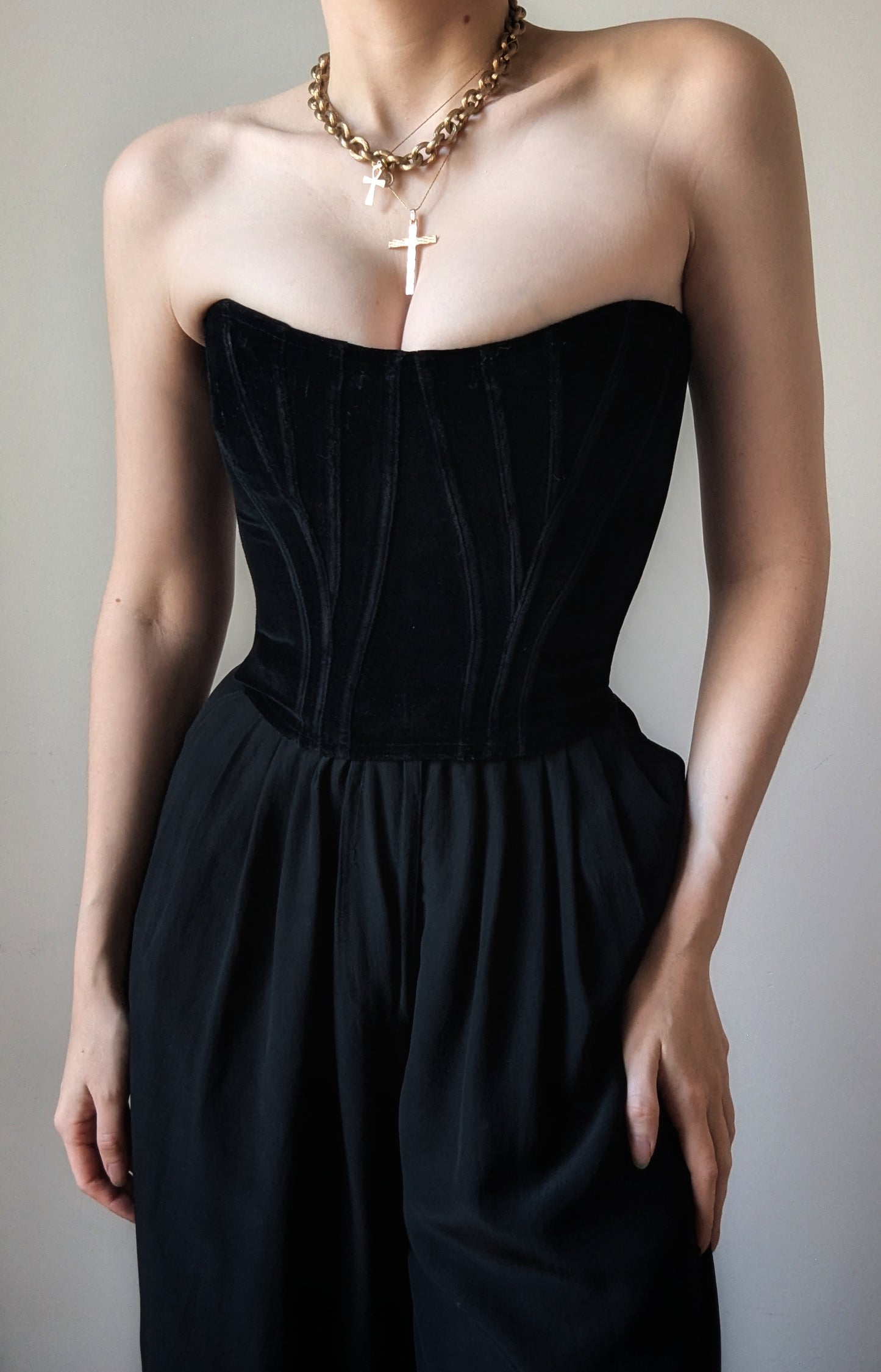 Chantal Thomass and Paloma Picasso vintage black velvet bustier with rose brooch