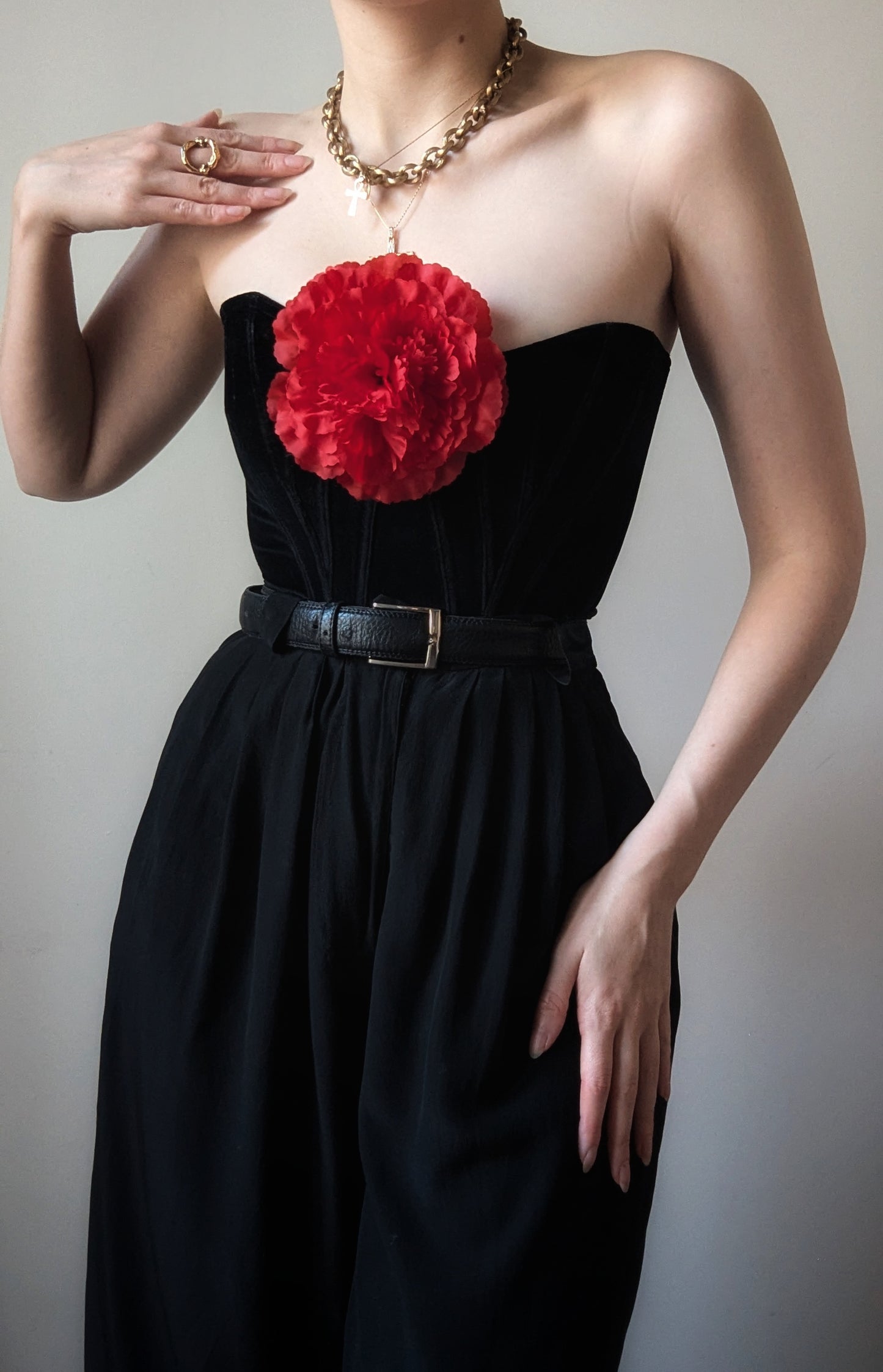 Chantal Thomass and Paloma Picasso vintage black velvet bustier with rose brooch