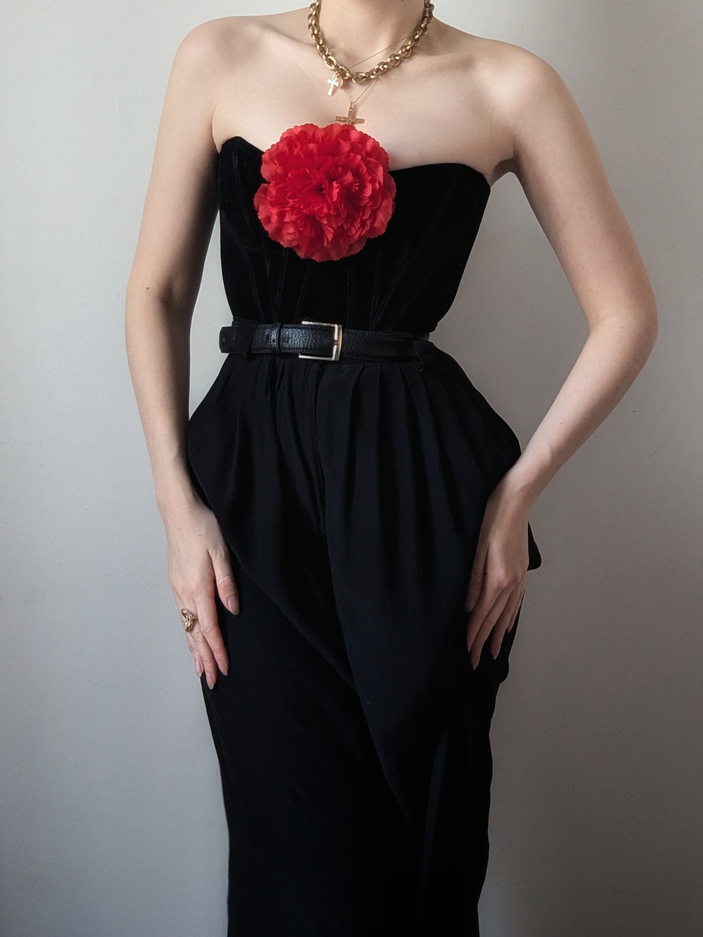 Chantal Thomass and Paloma Picasso vintage black velvet bustier with rose brooch