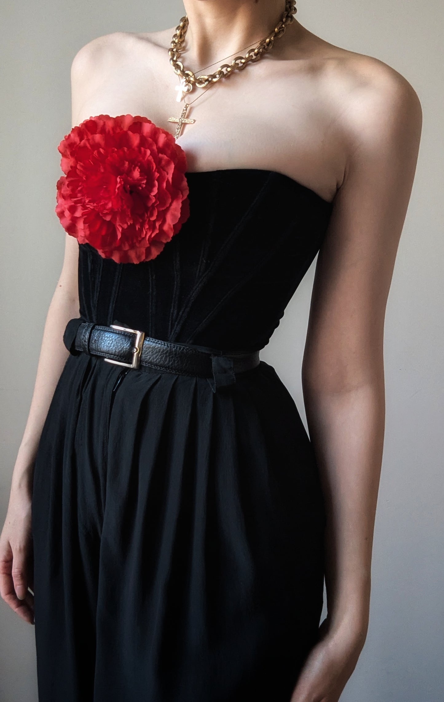 Chantal Thomass and Paloma Picasso vintage black velvet bustier with rose brooch