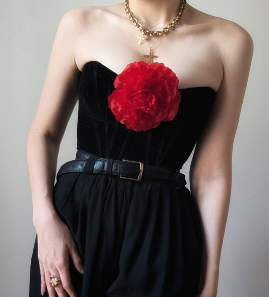 Chantal Thomass and Paloma Picasso vintage black velvet bustier with rose brooch