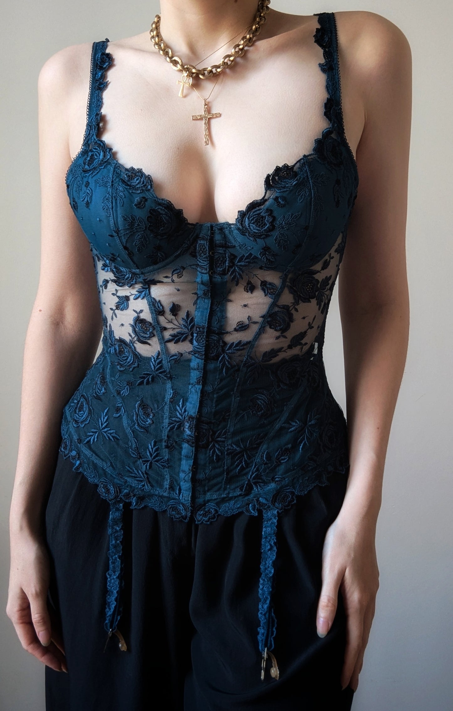 La Perla 1980 blue collector roses embroidery bustier