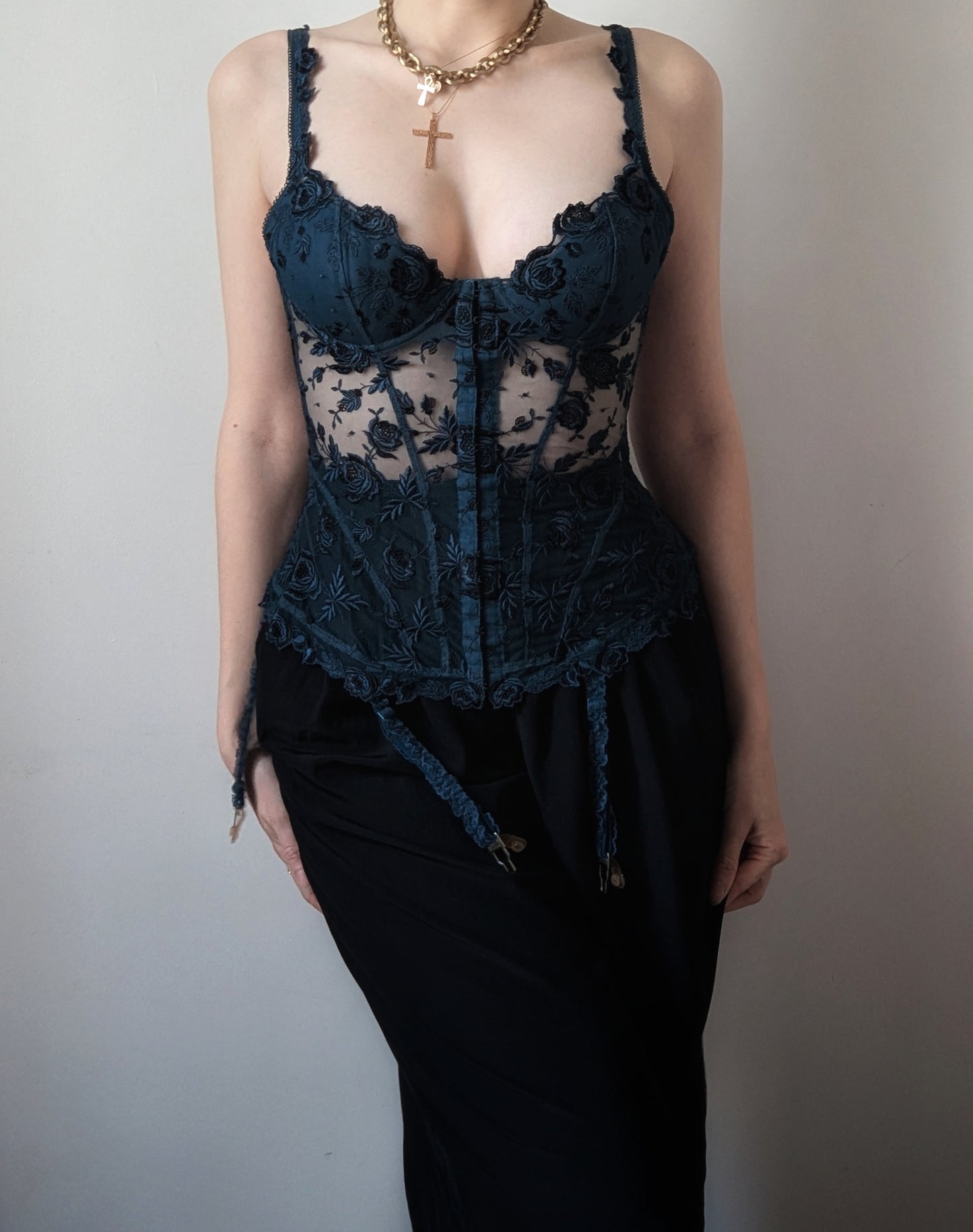 Chantal Thomass and Paloma Picasso vintage black velvet bustier with rose brooch