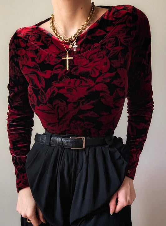 Vintage 1990 Etincelle Couture red roses black velvet bodysuit