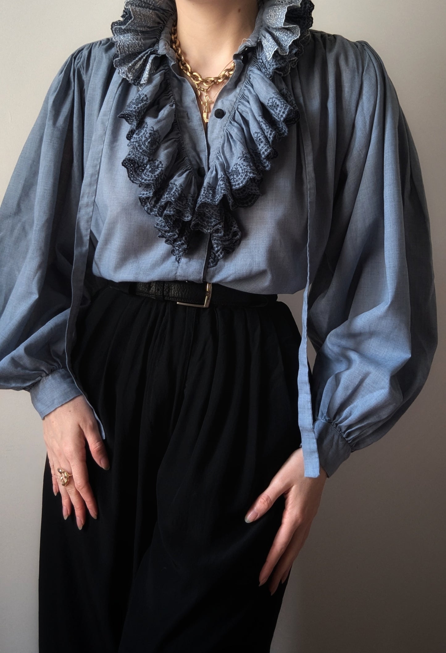 Vintage 1970 Chantal Thomass dramatic collar blue blouse with lavalière