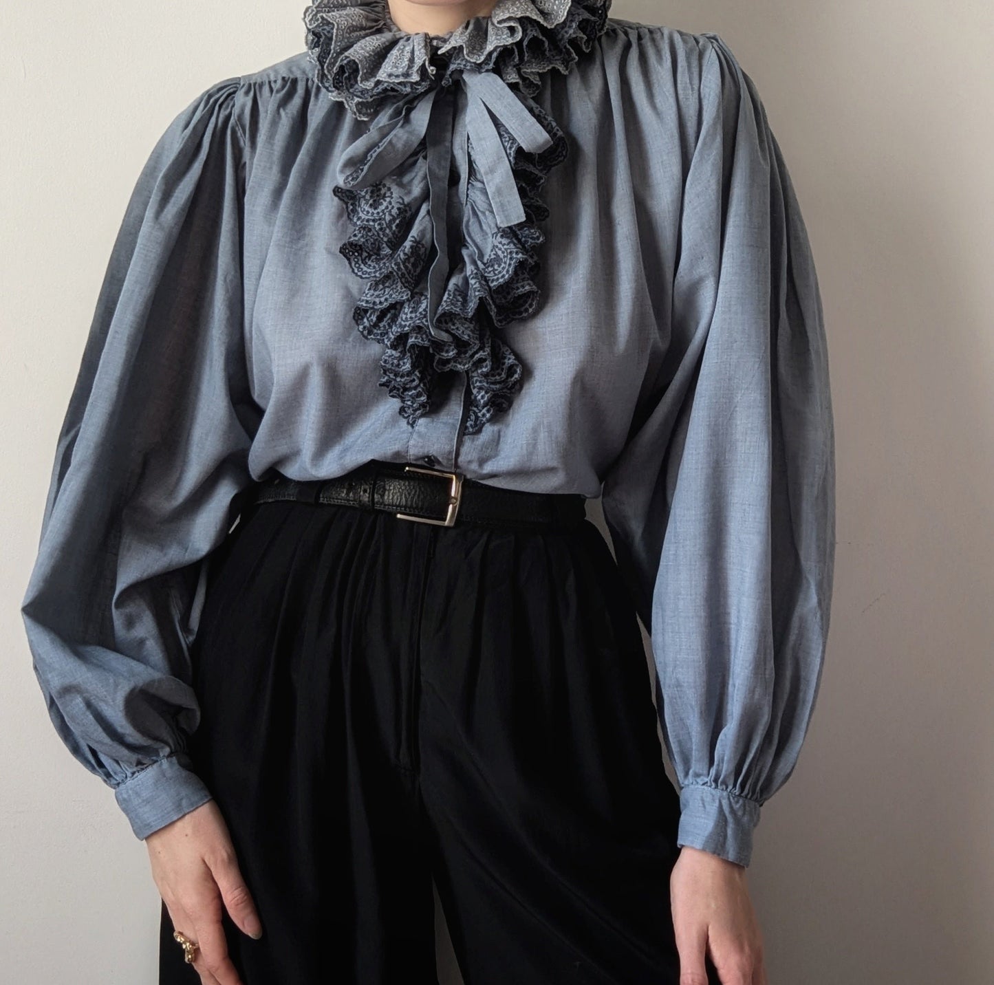 Vintage 1970 Chantal Thomass dramatic collar blue blouse with lavalière