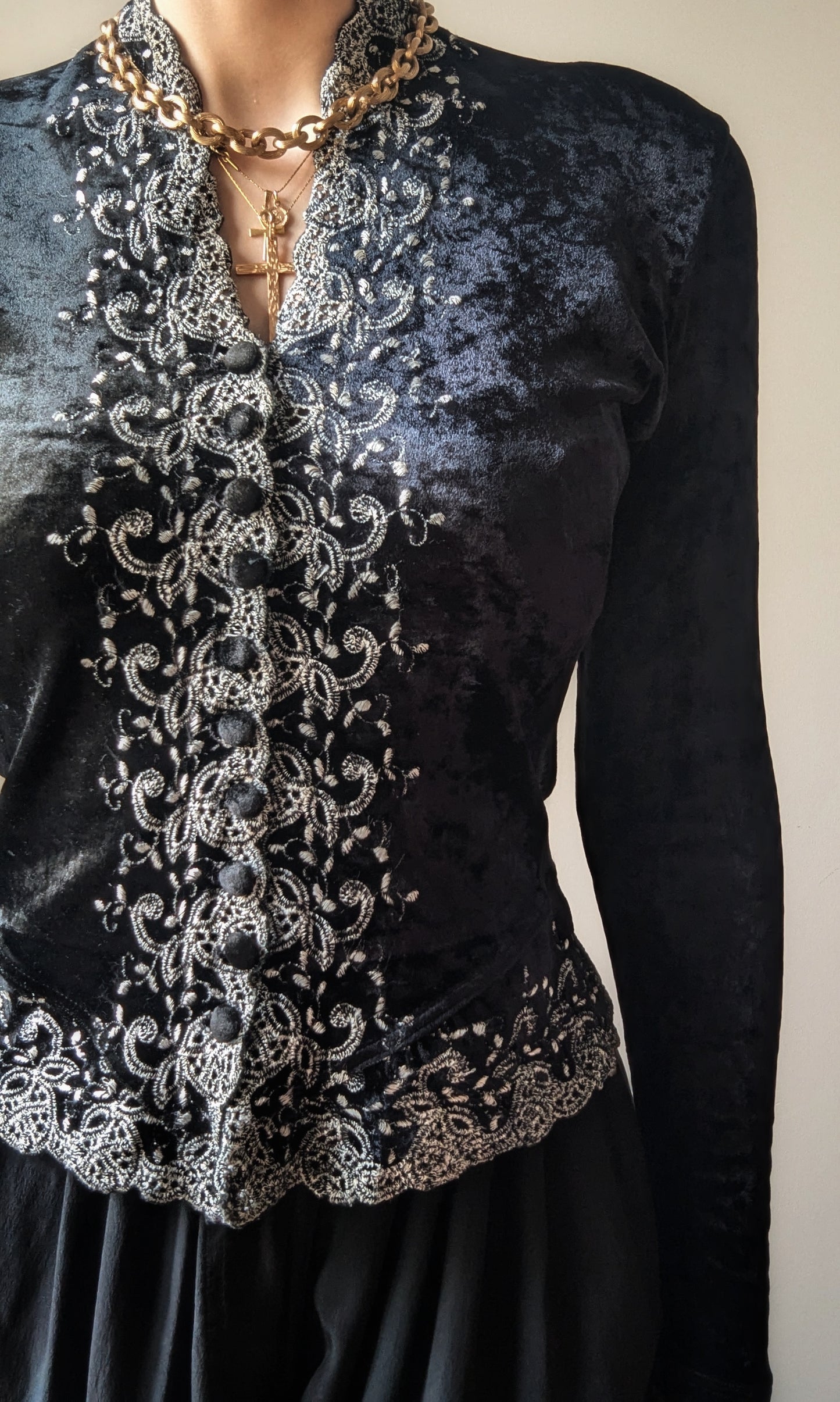 Vintage 904s Etincelle Couture black velvet jacket with white embroidery