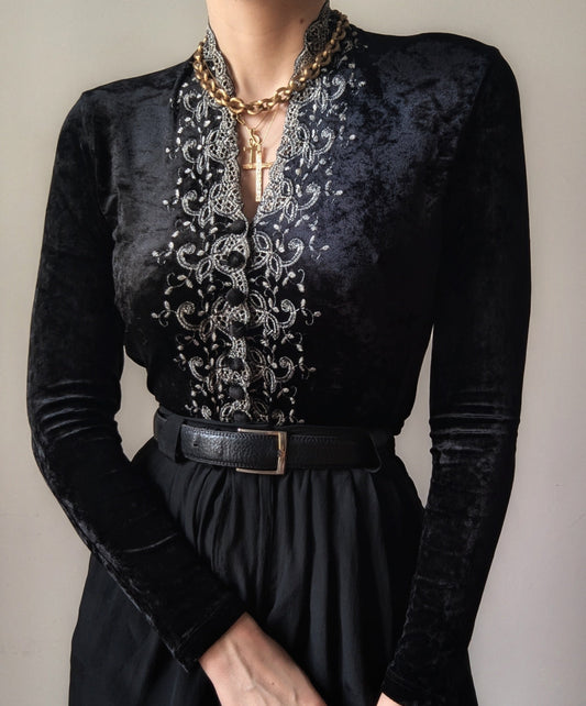 Vintage 904s Etincelle Couture black velvet jacket with white embroidery