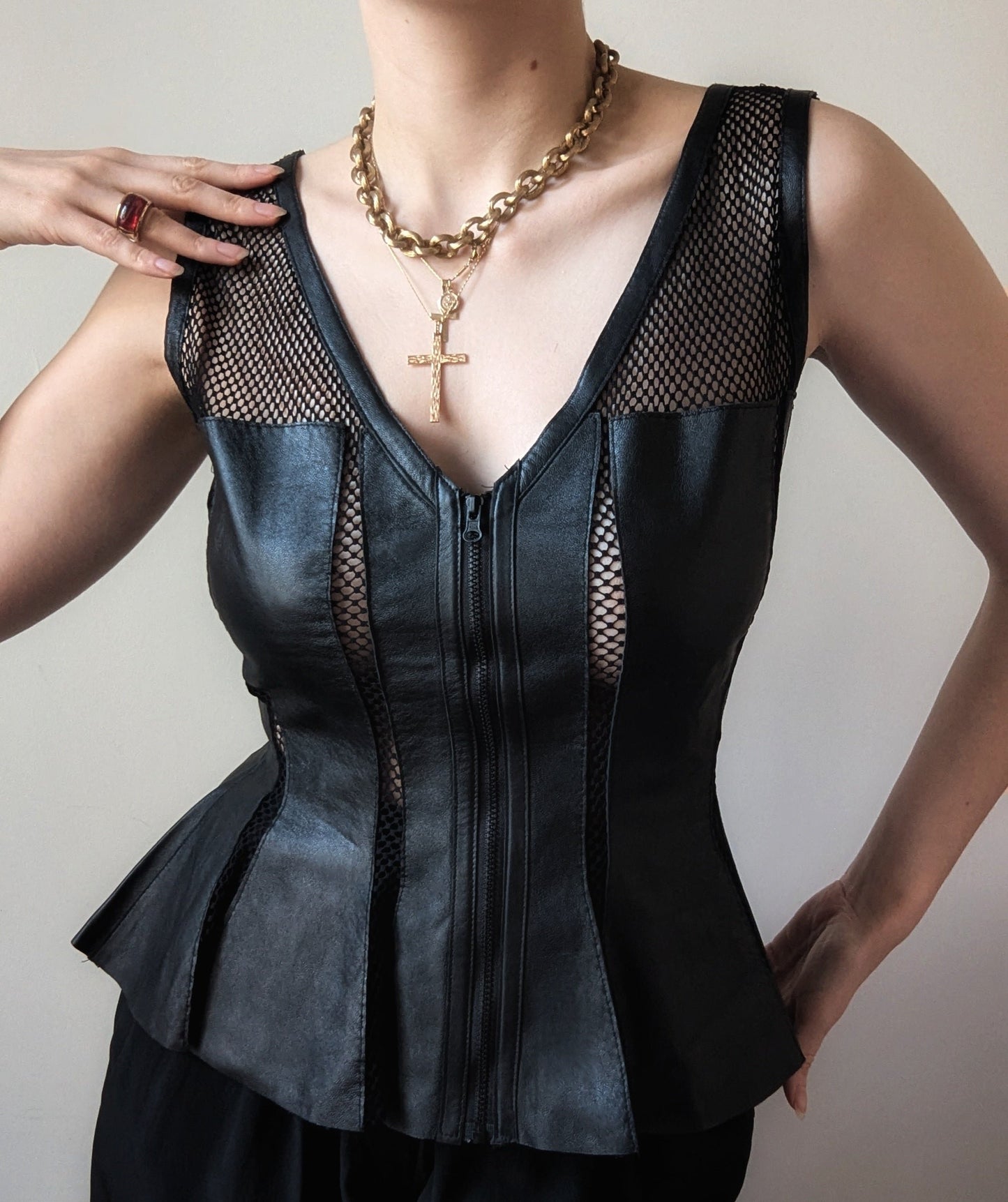 Vintage 1990 Sagaie Pairs lambskin and mesh black bustier goth aesthetic