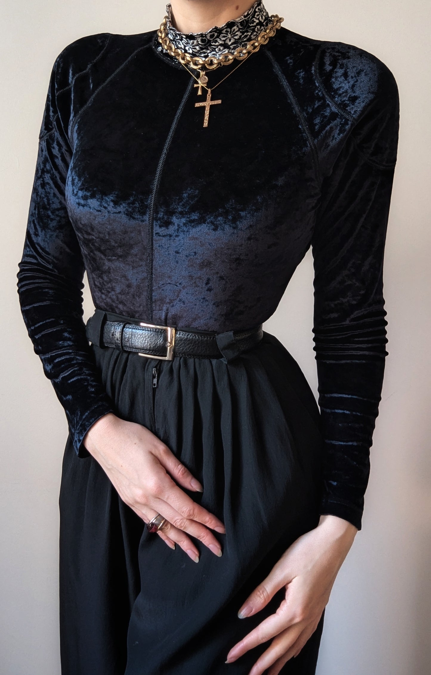 Vintage Etincelle Couture 1990 midnight blue velvet bodysuit with high collar