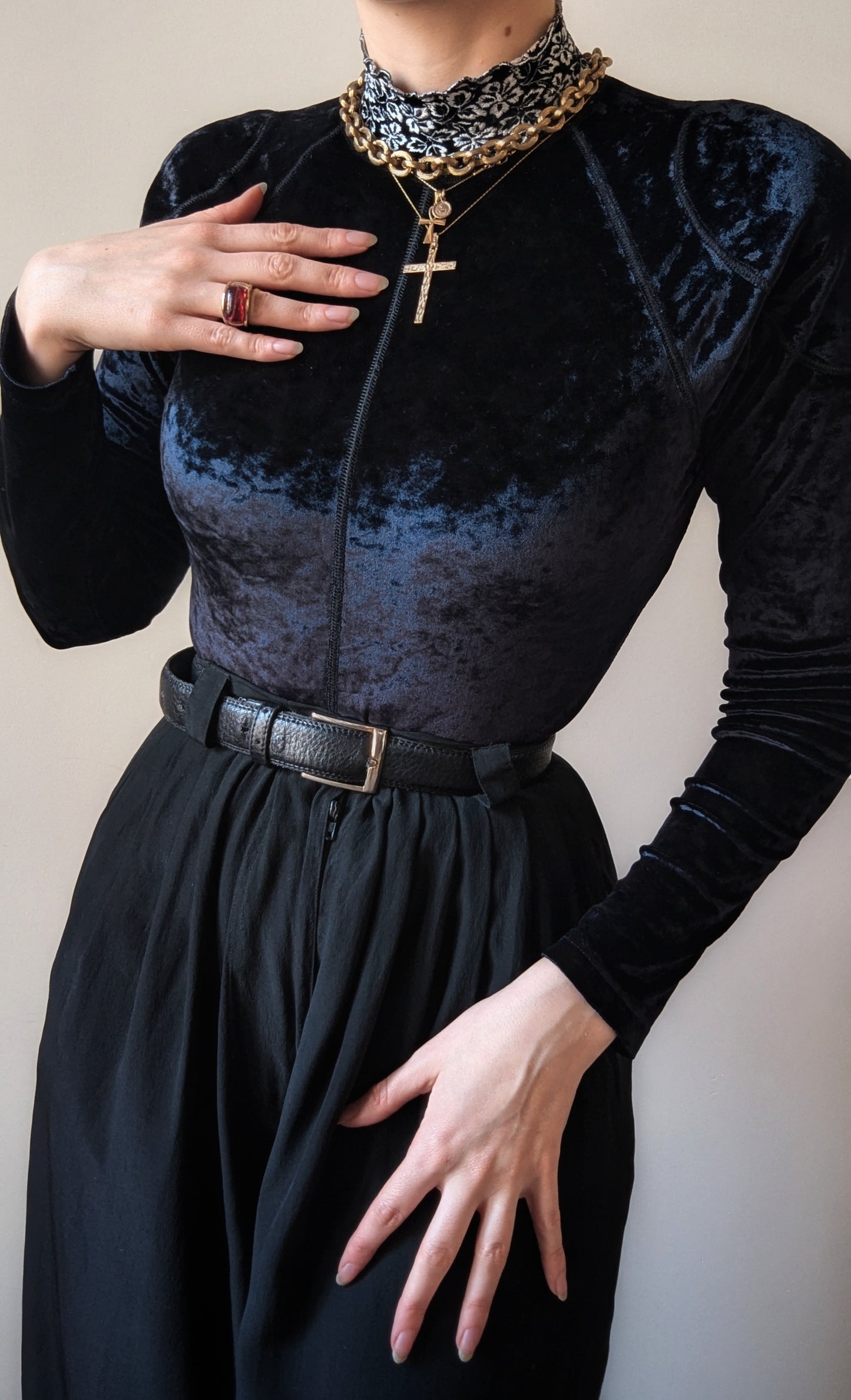 Vintage Etincelle Couture 1990 midnight blue velvet bodysuit with high collar