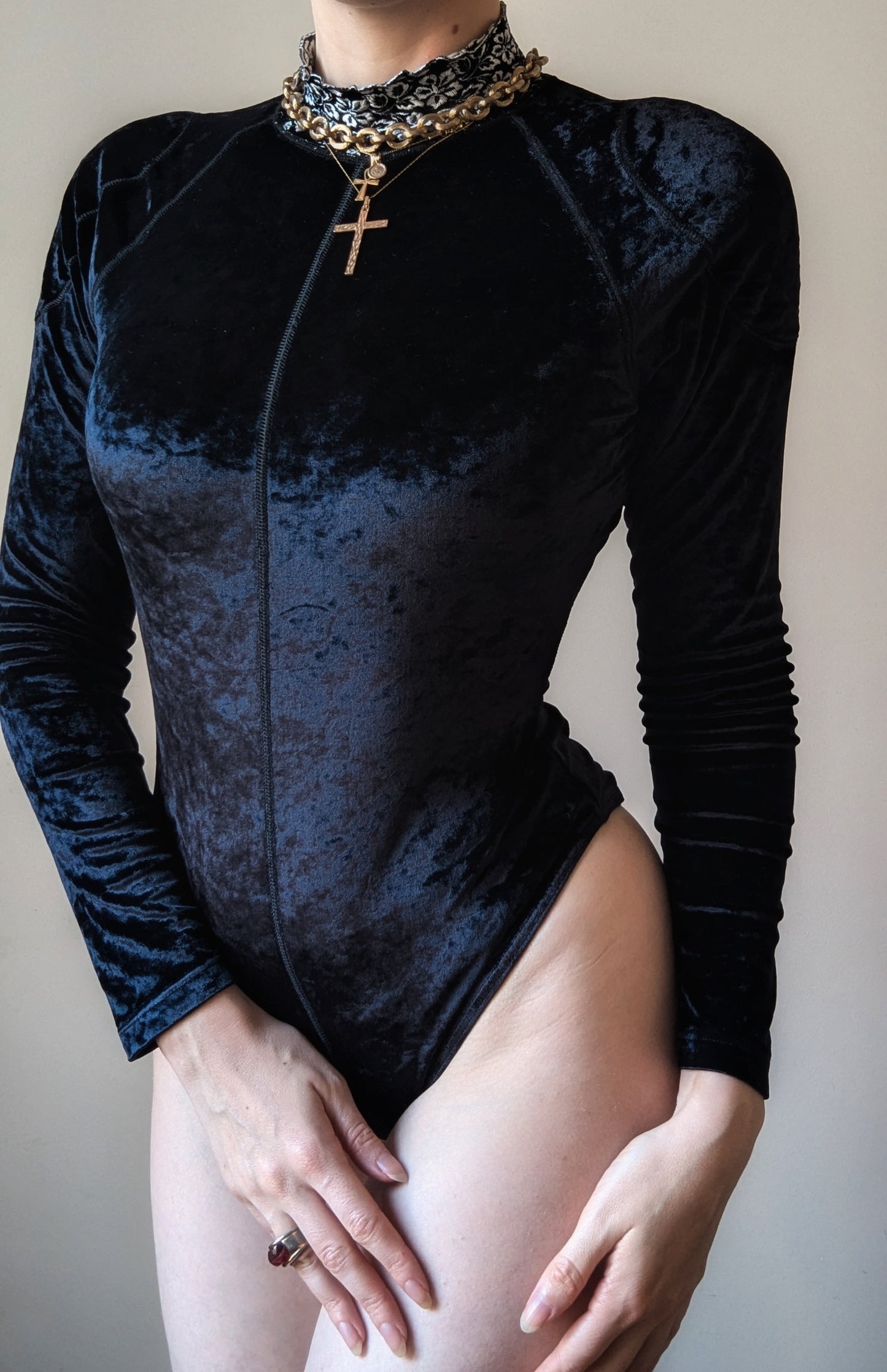 Vintage Etincelle Couture 1990 midnight blue velvet bodysuit with high collar