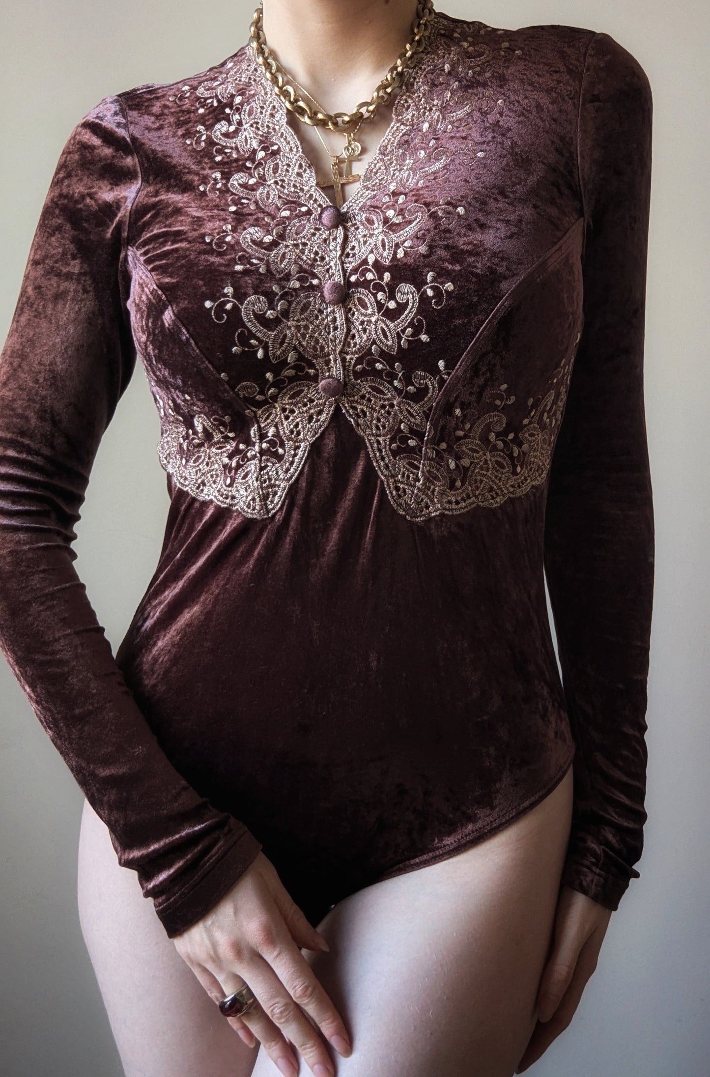 Vintage Etincelle Couture 1990 brown velvet bodysuit with cream embroidery