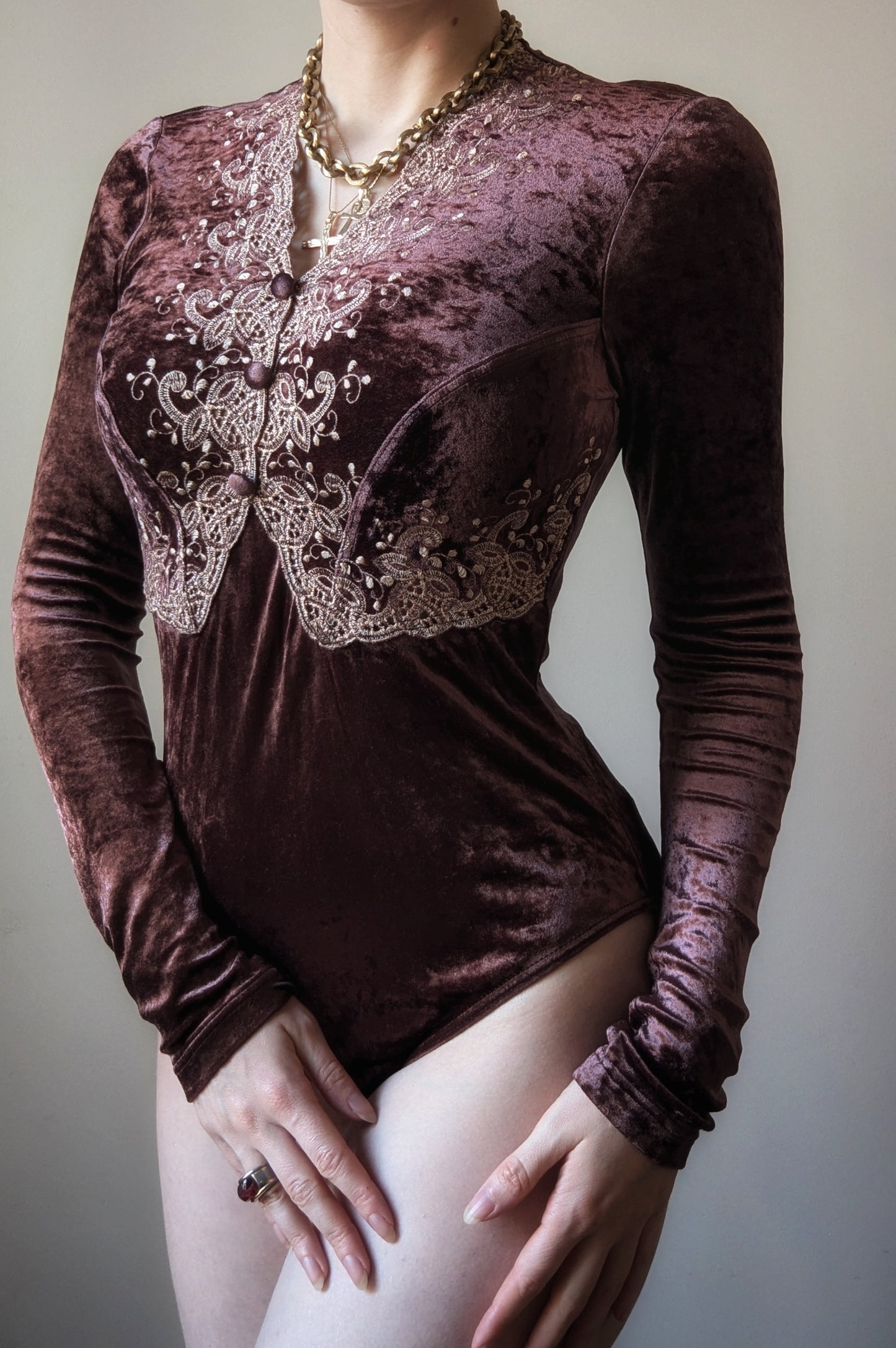 Vintage Etincelle Couture 1990 brown velvet bodysuit with cream embroidery