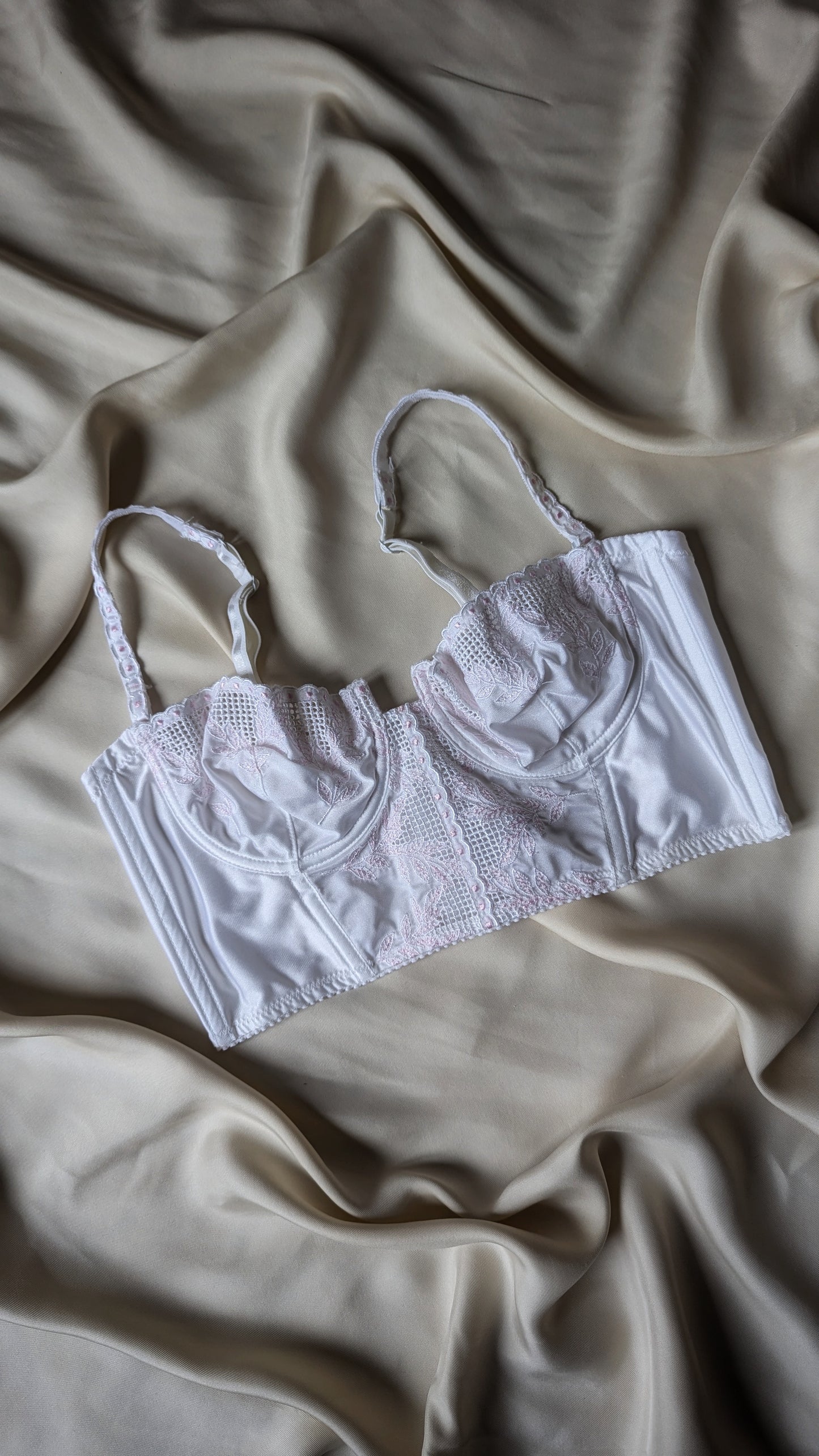 Vintage Simone Pérèle french white bustier with pink embroidery