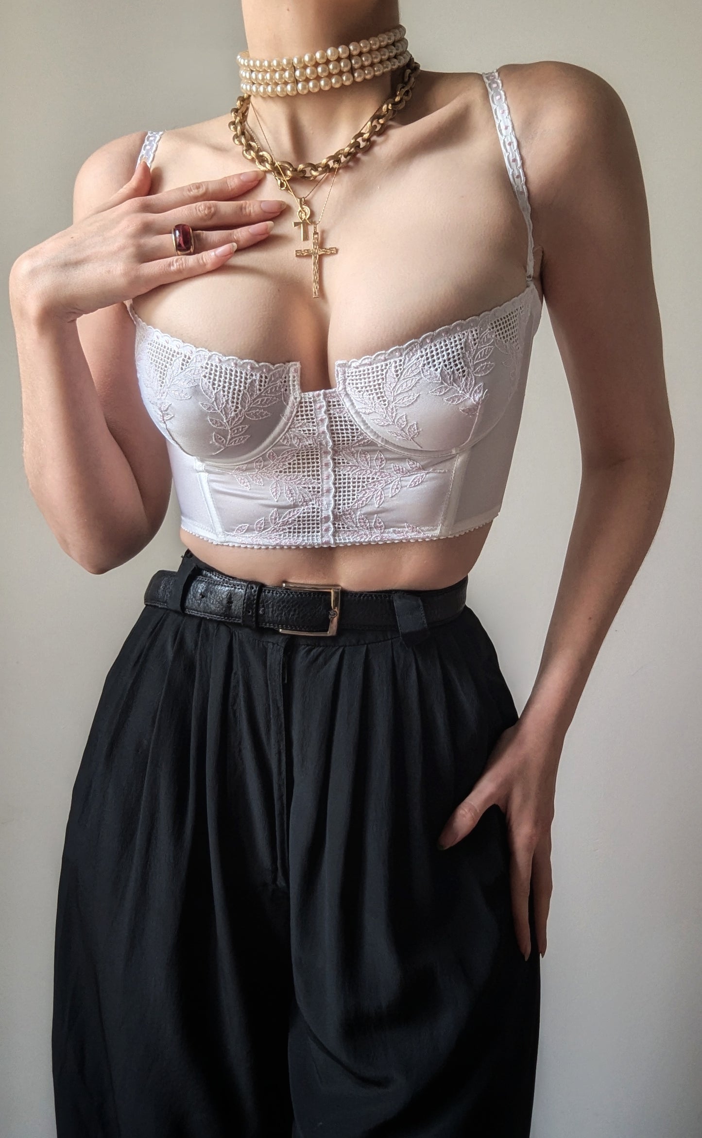 Vintage Simone Pérèle french white bustier with pink embroidery