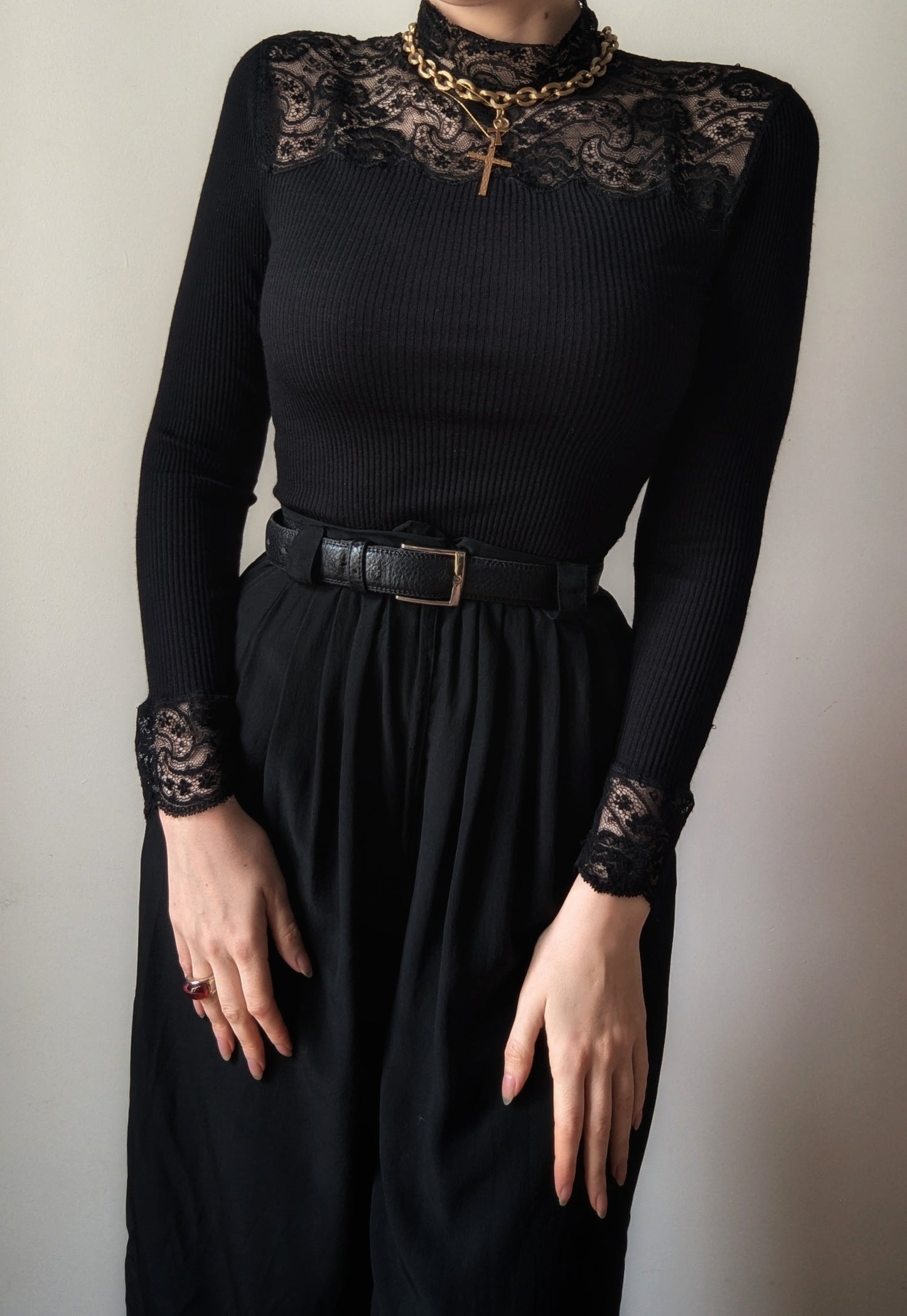 Vintage 90's Oscalito wool and silk black sweater with italian lace