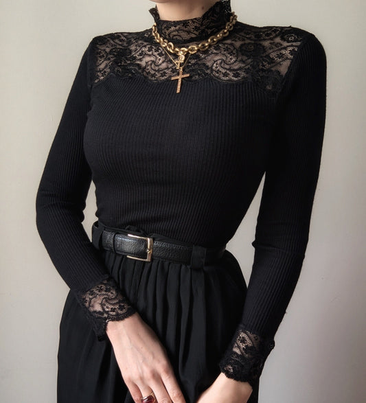 Vintage 90's Oscalito wool and silk black sweater with italian lace