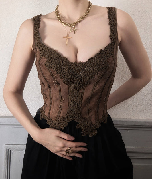 Vintage Ritmo di Perla brown suede embroidery fairycore bustier