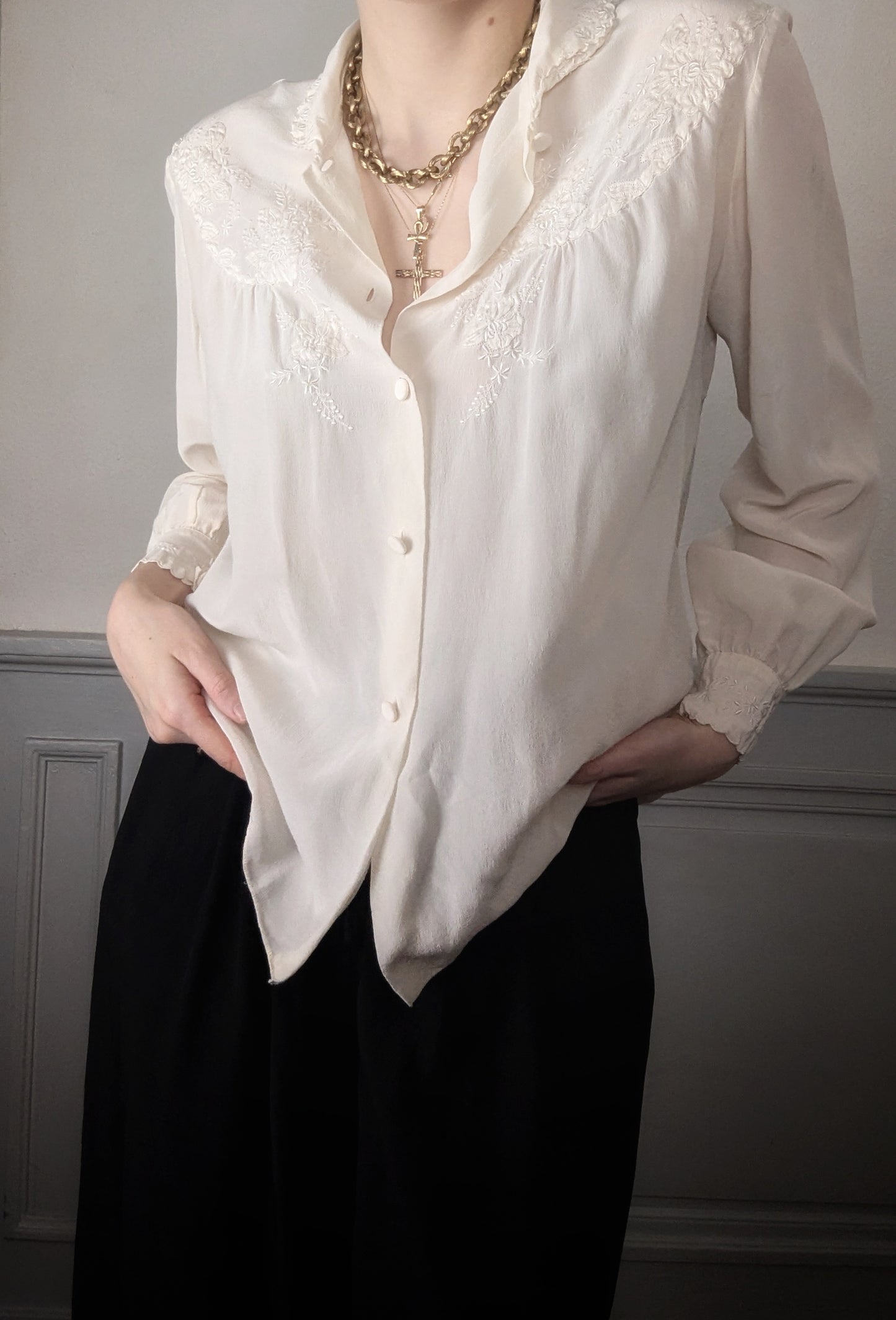 Vintage 70's cream silk french embroidered floral blouse romantic