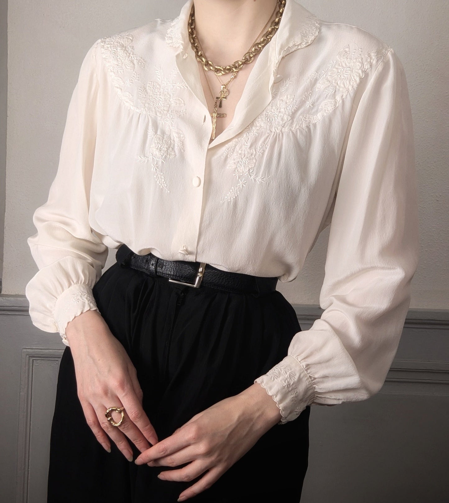 Vintage 70's cream silk french embroidered floral blouse romantic