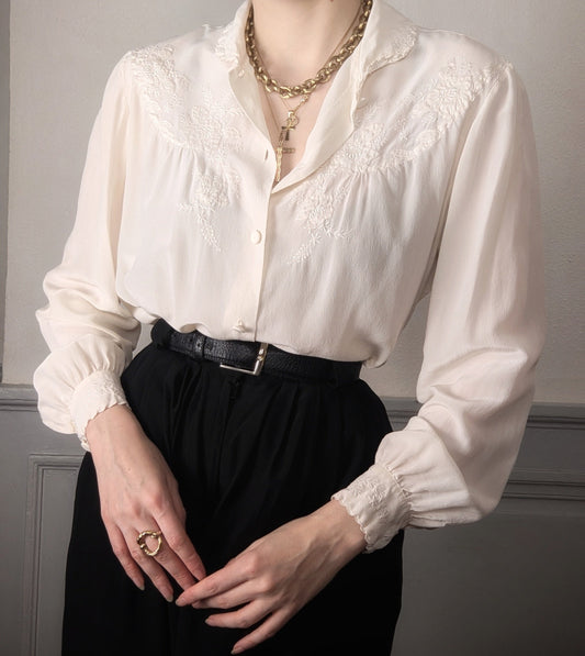 Vintage 70's cream silk french embroidered floral blouse romantic