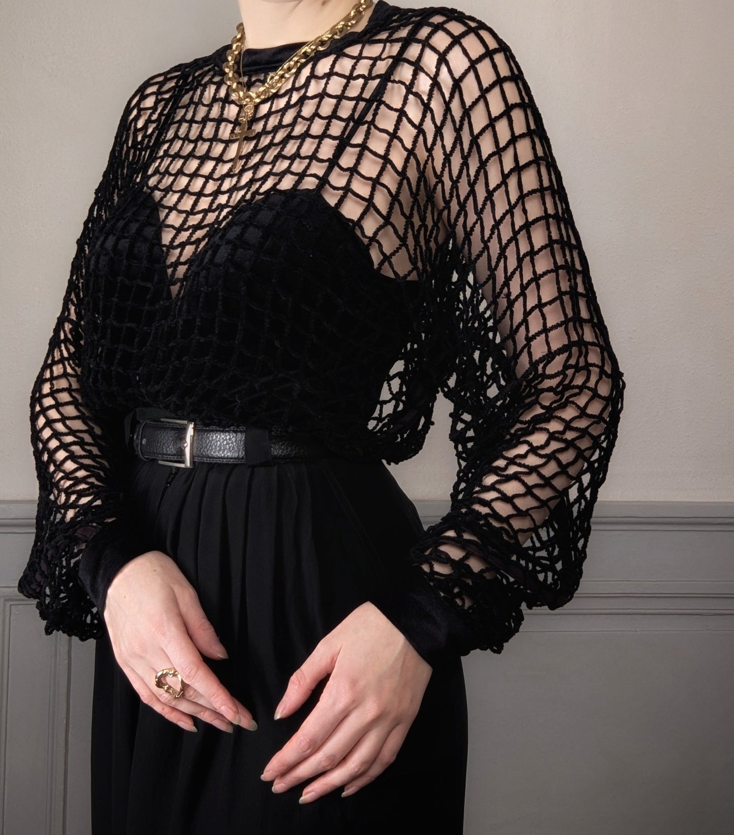 Vintage 80's Ritmo di Perla black velvet bodysuit with mesh details