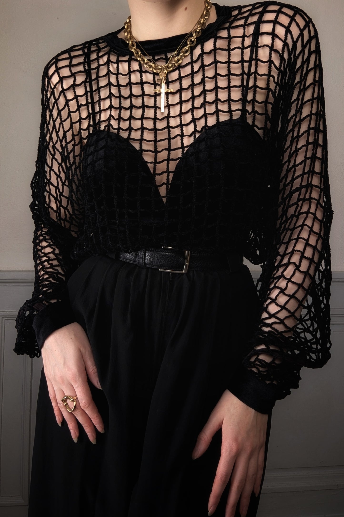 Vintage 80's Ritmo di Perla black velvet bodysuit with mesh details