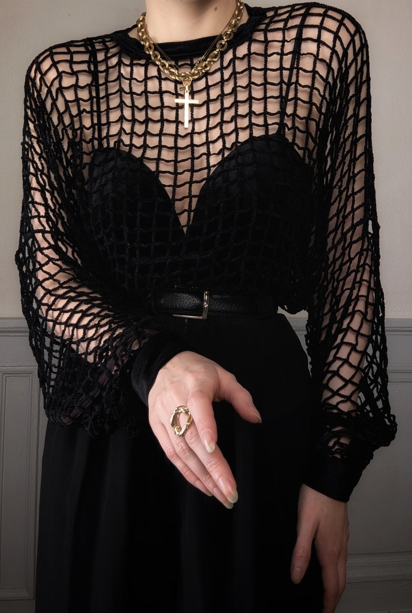 Vintage 80's Ritmo di Perla black velvet bodysuit with mesh details