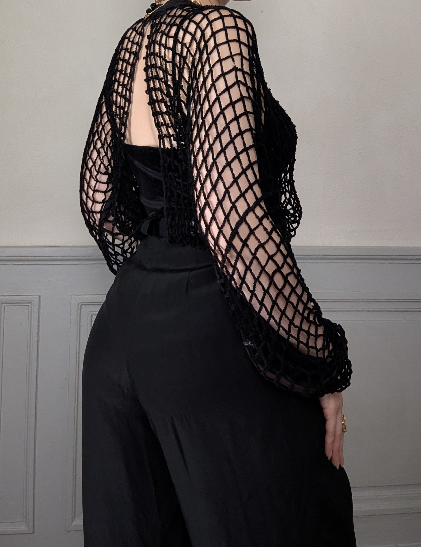 Vintage 80's Ritmo di Perla black velvet bodysuit with mesh details