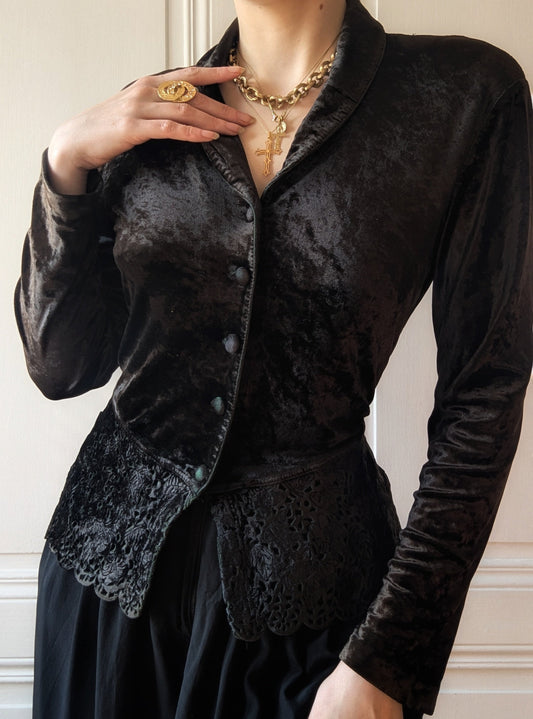 Vintage 90s Etincelle Couture black velvet cutouts goth jacket