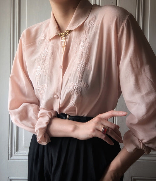 Vintage 80s pure silk blsuh pink embroidered romantic shirt