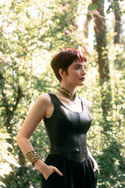 Vintage 1980's french real soft black leather bustier gothic look