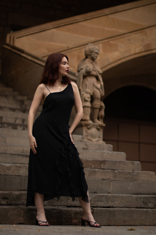 Vintage Luisa Spagnolli asymetrical pure black silk flamenco dress