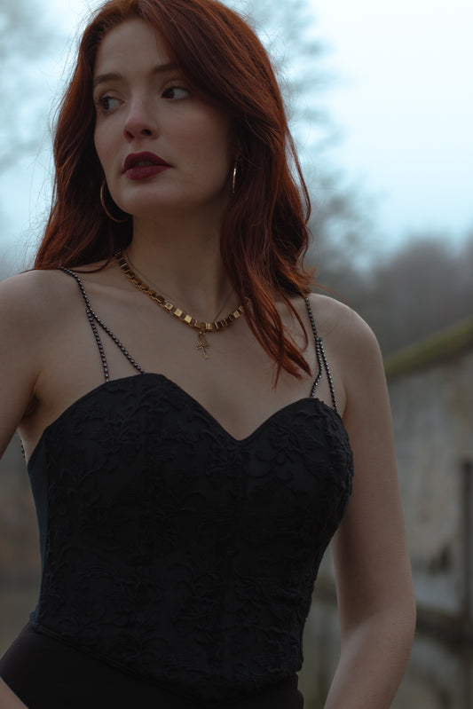 Vintage 90's italian Seelen gothiv bustier in black lace with crystal straps