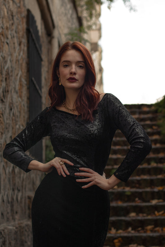 Vintage 90s french long black velvet gothic cokctail dress